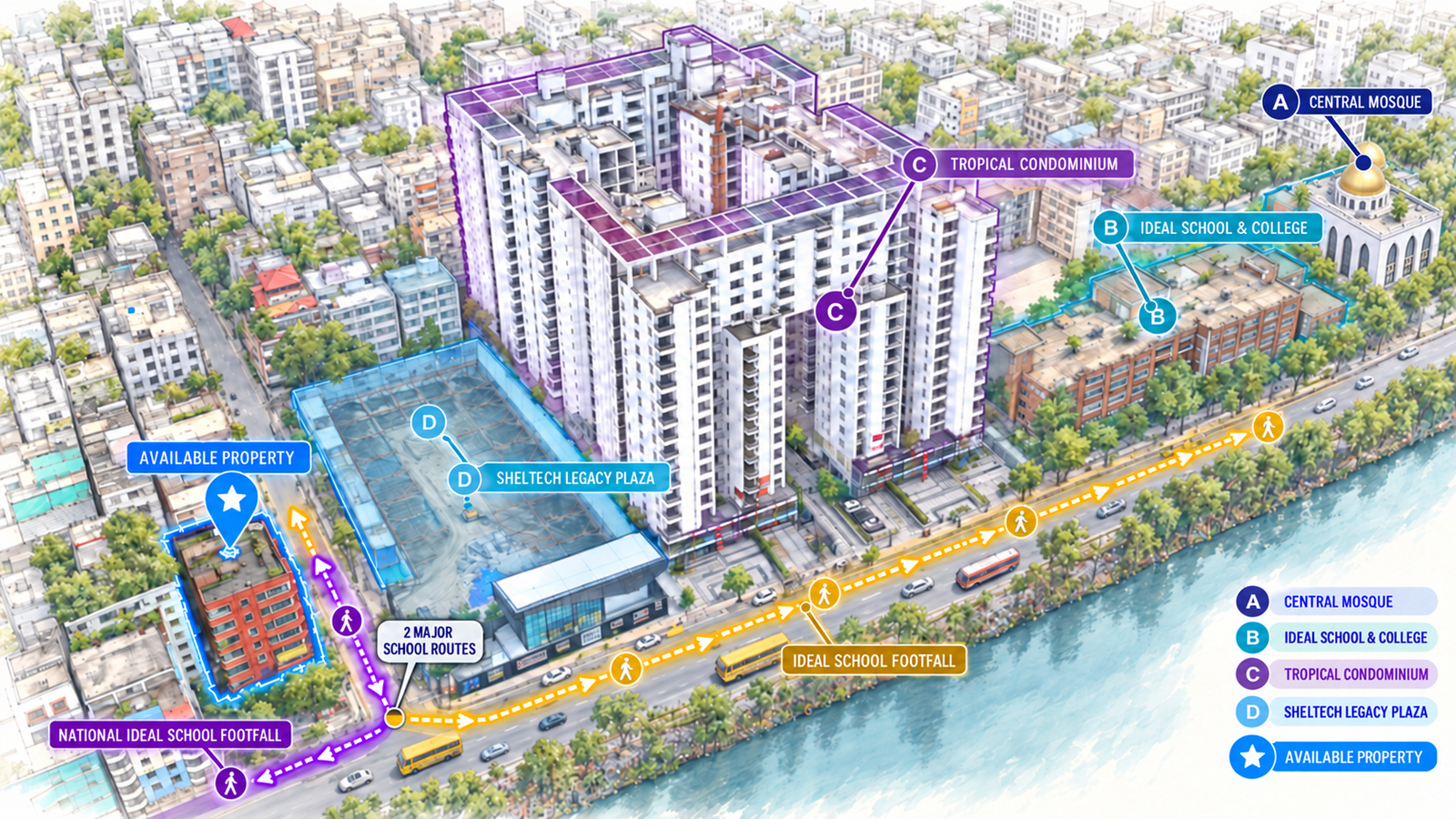 Illustrated location of the available Banasree property beside Sheltech Legacy Plaza, Tropical Condominium and nearby schools